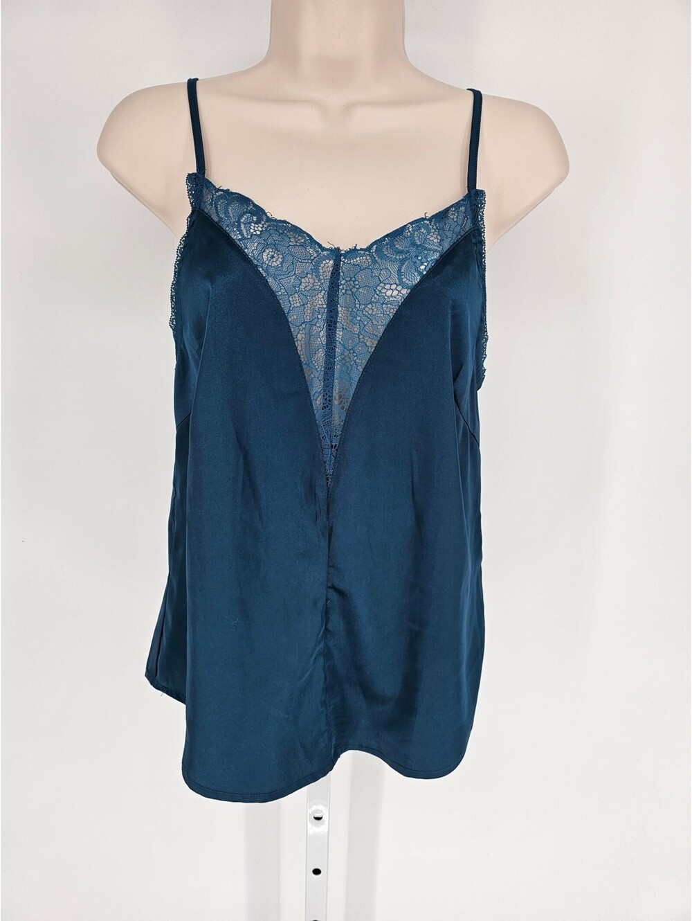 Shein Womens Sz XS Camisole Satin Sleepshirt Blue w/ Deep V Lace Neckline
